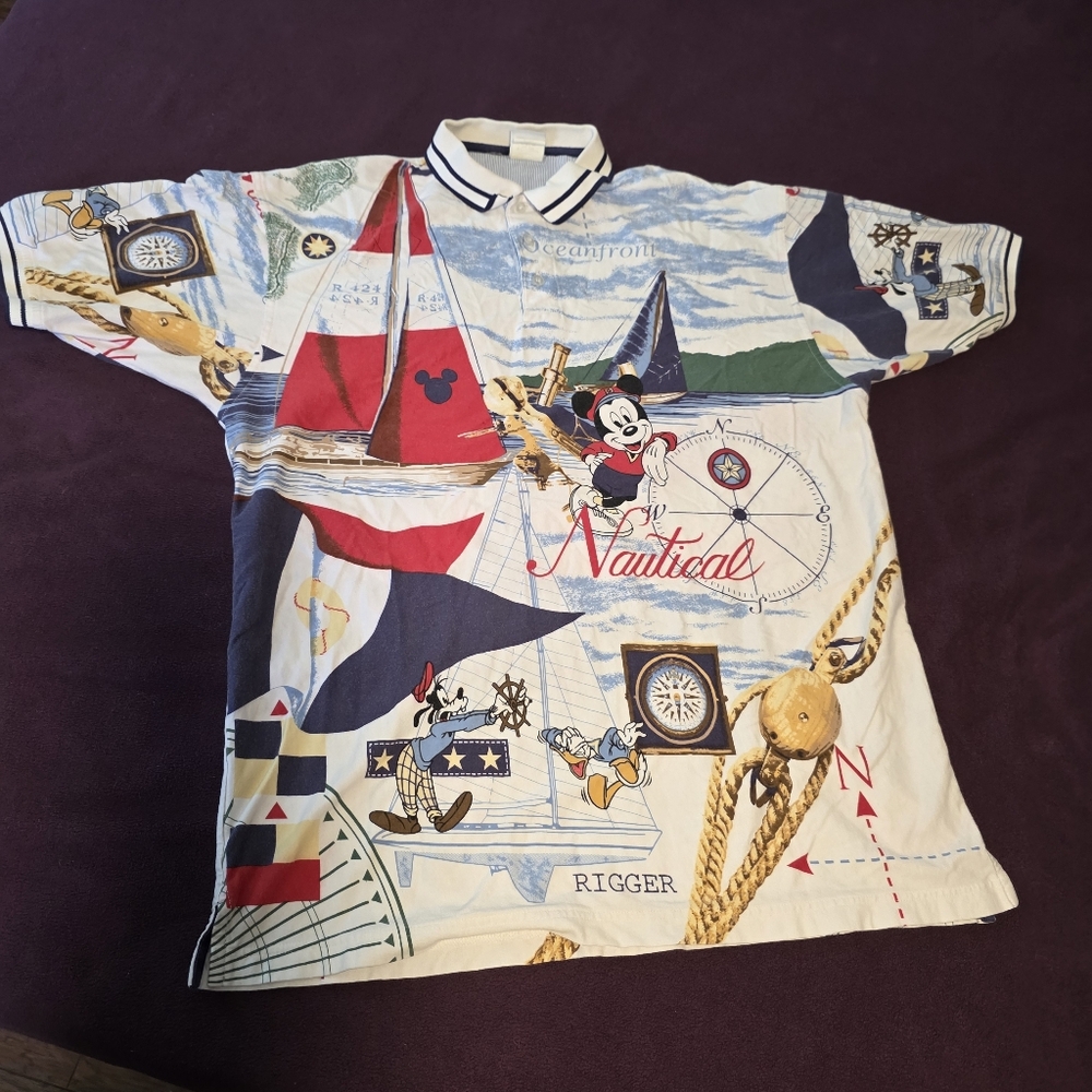 Vtg Disney Catalog Mens Polo Mickey Mouse Shirt Donald Duck Nautical Sailing